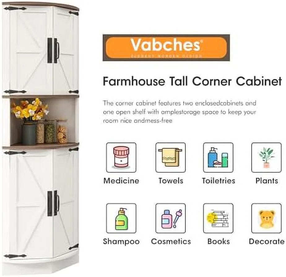 RUNFAYBIU 64.8" Tall Farmhouse Corner Cabinet with 4 Doors and 5  Shelves  Farmhouse  Cabinet with Barn Door Design  Home Space Saver for Living Room  Kitchen  Laundry Room White