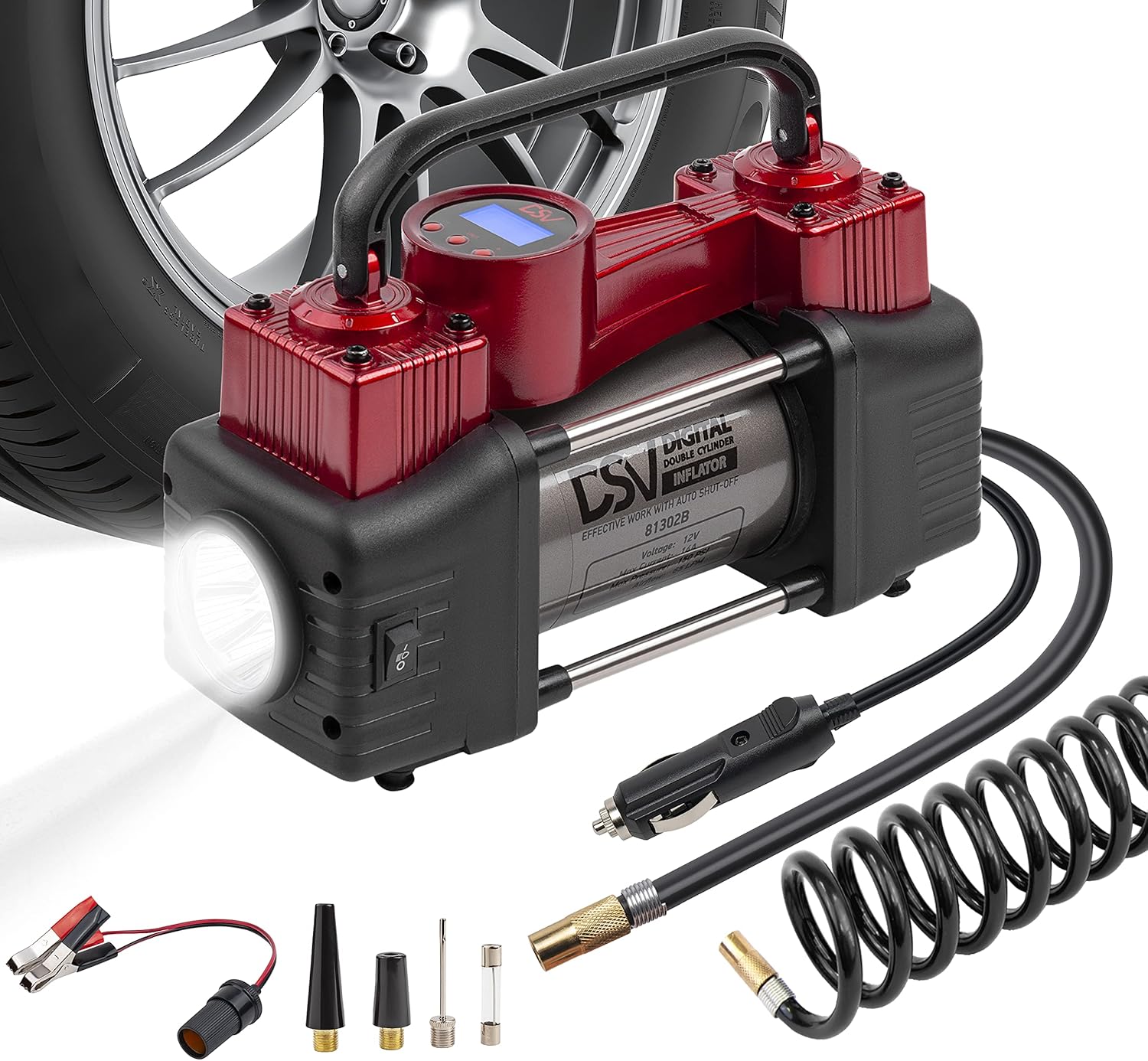 DSV Standard Portable Heavy Duty Double Cylinders Car Air Compressor Digital Tire Inflator,12V 150PSI Air Pump with Auto Shut Off, LED Light, Extension Hose.Ideal for Truck Tires, Bicycle, Inflatables