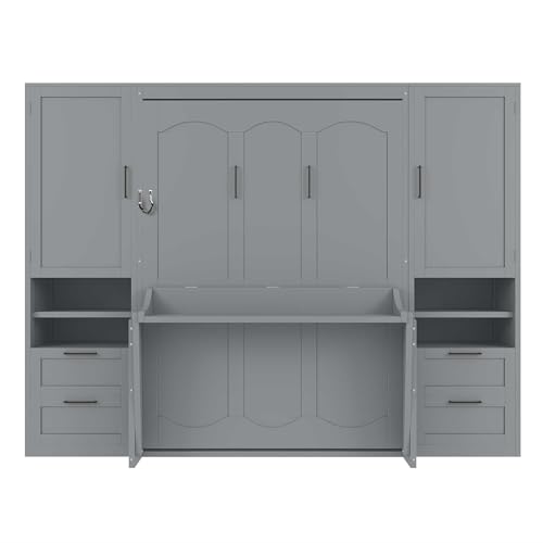 Merax Queen Size Murphy Bed with Desk, Space-Saving Wall Bed Frame with Closet, Drawers and Shelves, Foldable Platform Bed for Small Spaces Studio Study Office Guest Room, Gray