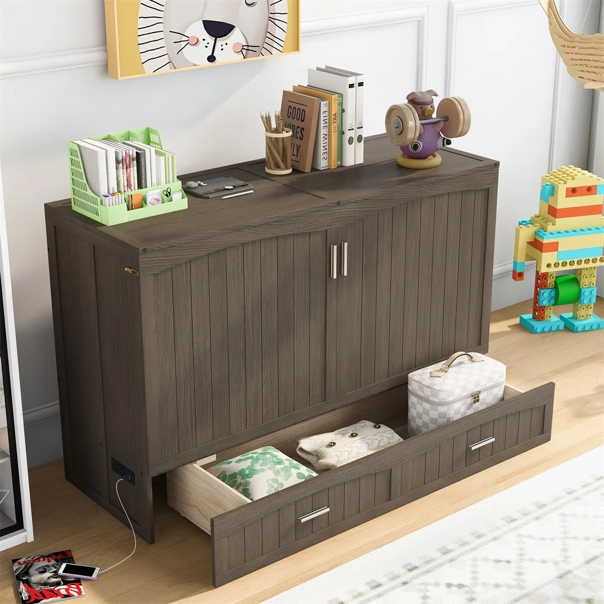 VIRUBI Queen Size Murphy Bed with Built-In Charging Station