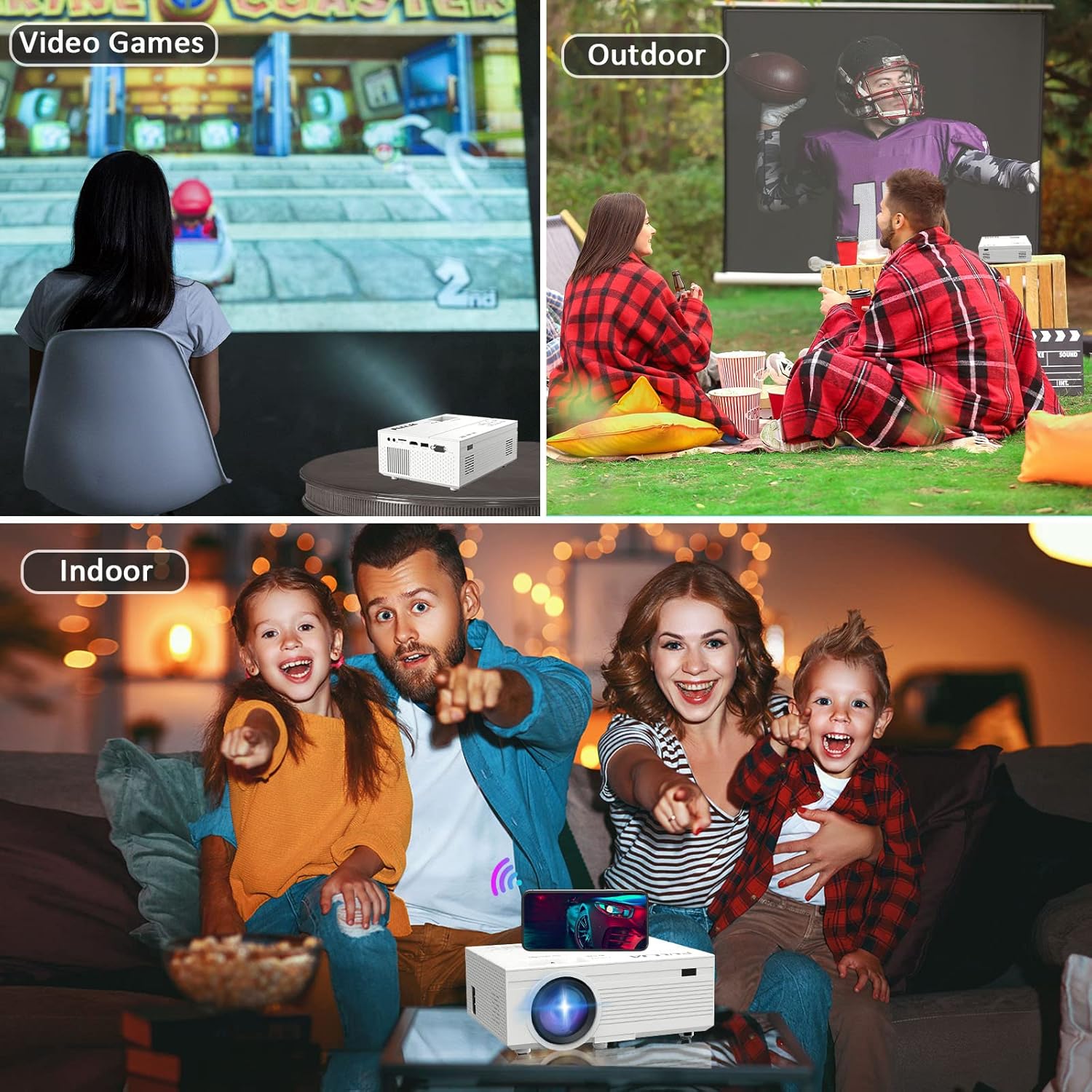 FULLJA WiFi Bluetooth HD Mini Projector - 8500 Lumen 1080P Home Theater Movie Projector,Portable Outdoor Video Projector Compatible with HDMI/TV/PS4/USB/RCA /Laptop Smartphone