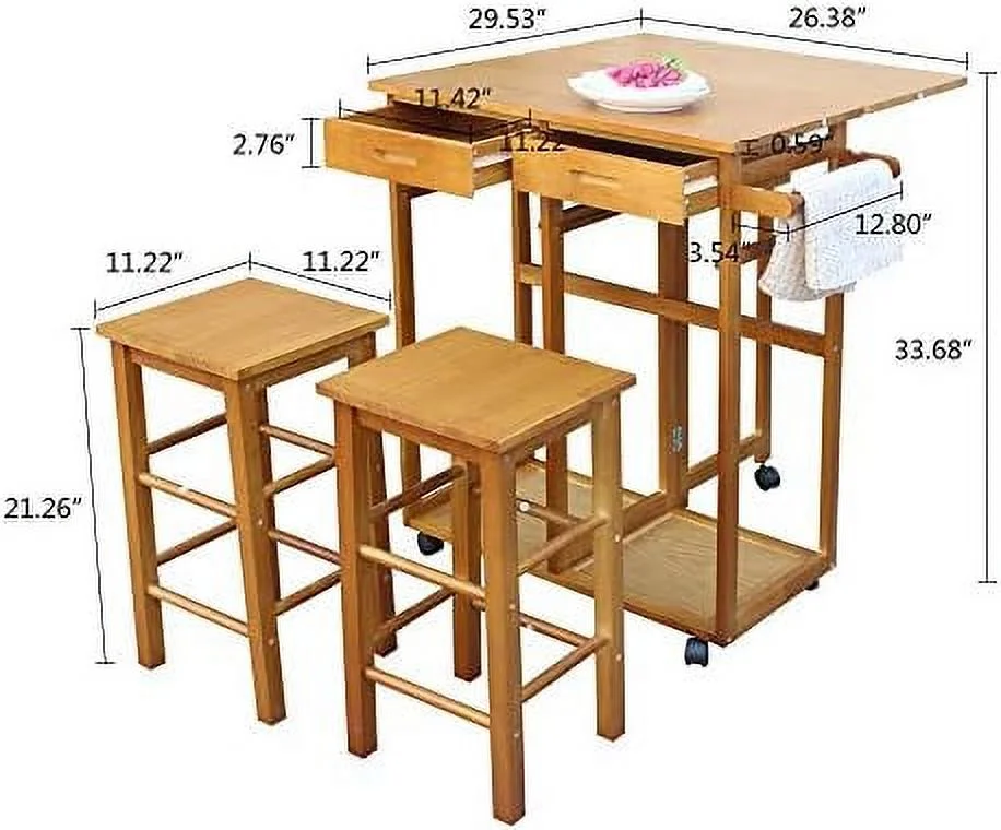 HJZBNONE 3 Piece Drop Leaf Dining Tables for Small Spaces  Small Rolling Dining Table Set for 2 with 2 Drawers  Space Saving Dining Table with 2 Chairs and Handle for Kitchen and Dining R