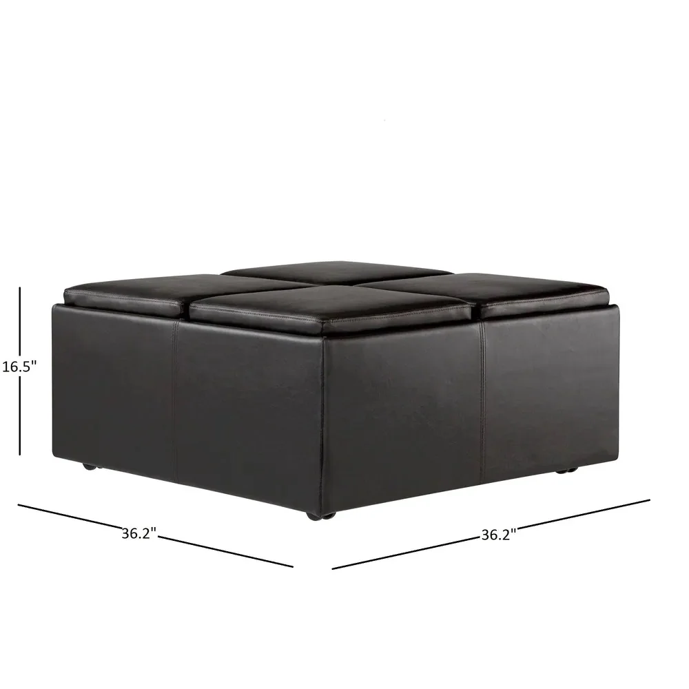 Cocktail Storage Ottoman with 4 Trays, Dark Brown Faux Leather