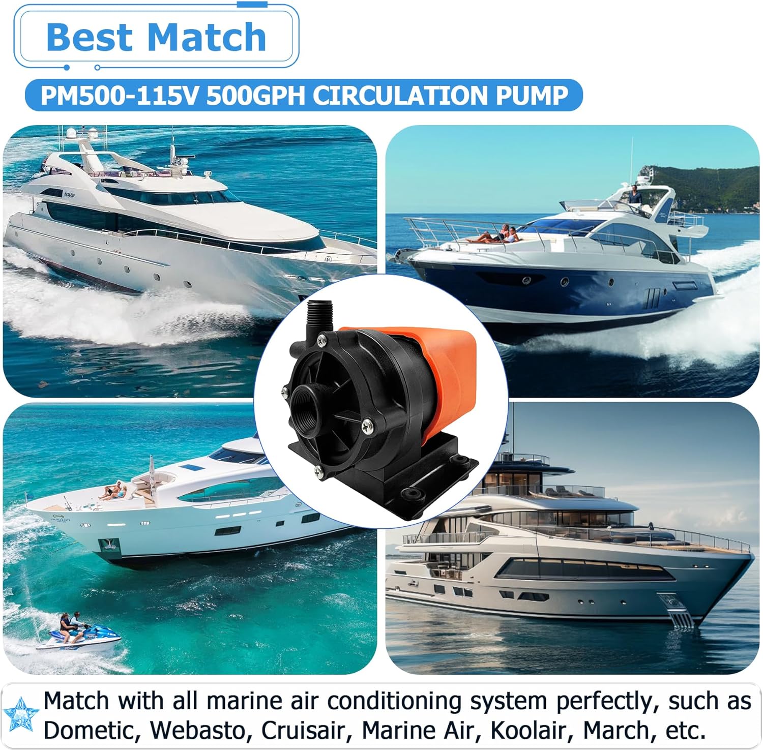 Marine Air Conditioning Circulation Pump 500 GPH,115V Marine AC Water Pump, Seawater Circulation AC Pump，Marine Air Conditioner Magnetic Drive Raw Water Circulation Pump,500 GPH 115V Submersible