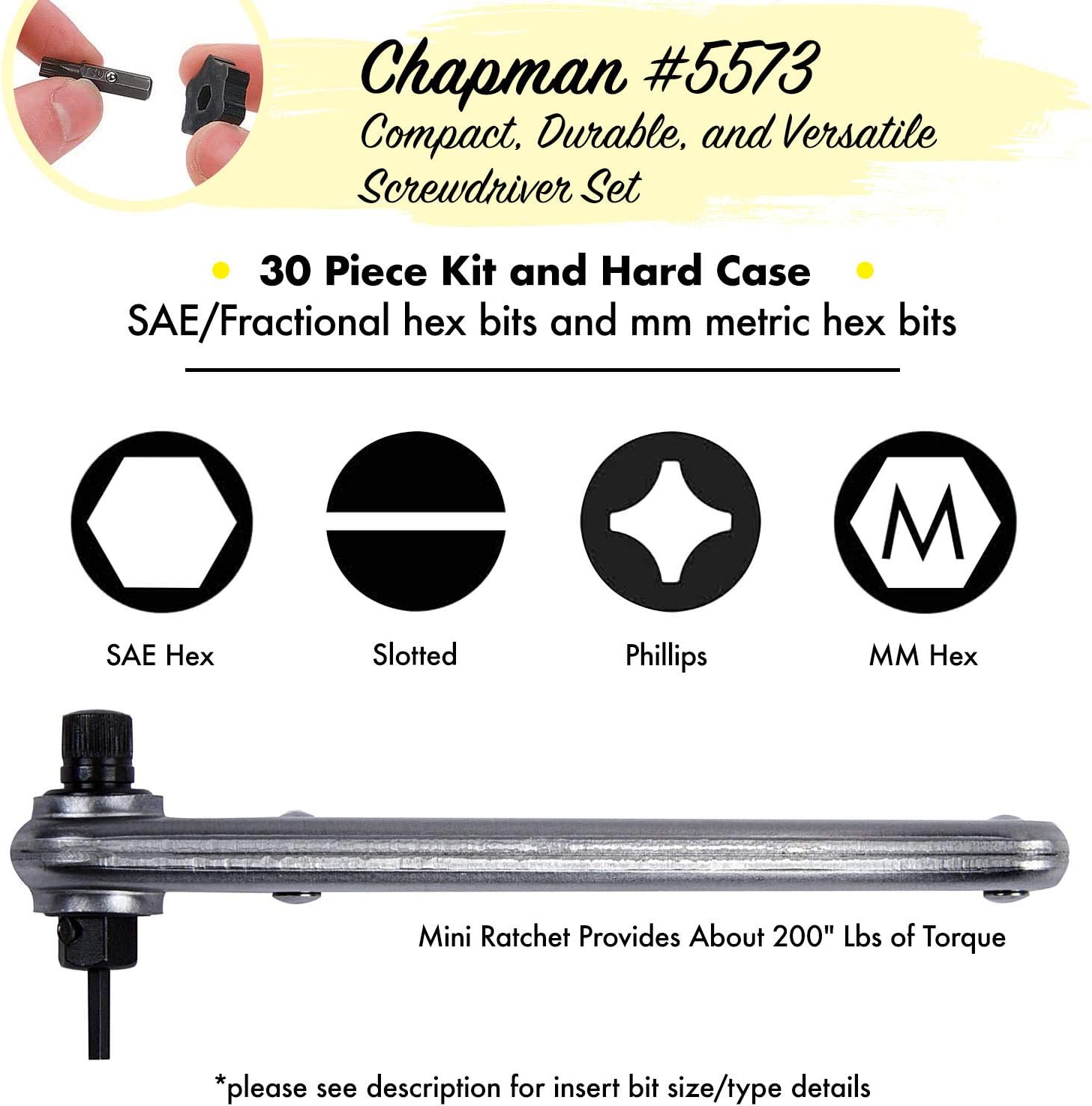 Chapman MFG 7331 All-Purpose Standard Screwdriver Set - Includes Phillips, SAE Allen Hex & Slotted/Flathead Bits, Complete Set Offers 24 USA Made Insert Bits + Mini Ratchet Hand Tool (Desert Tan Case)