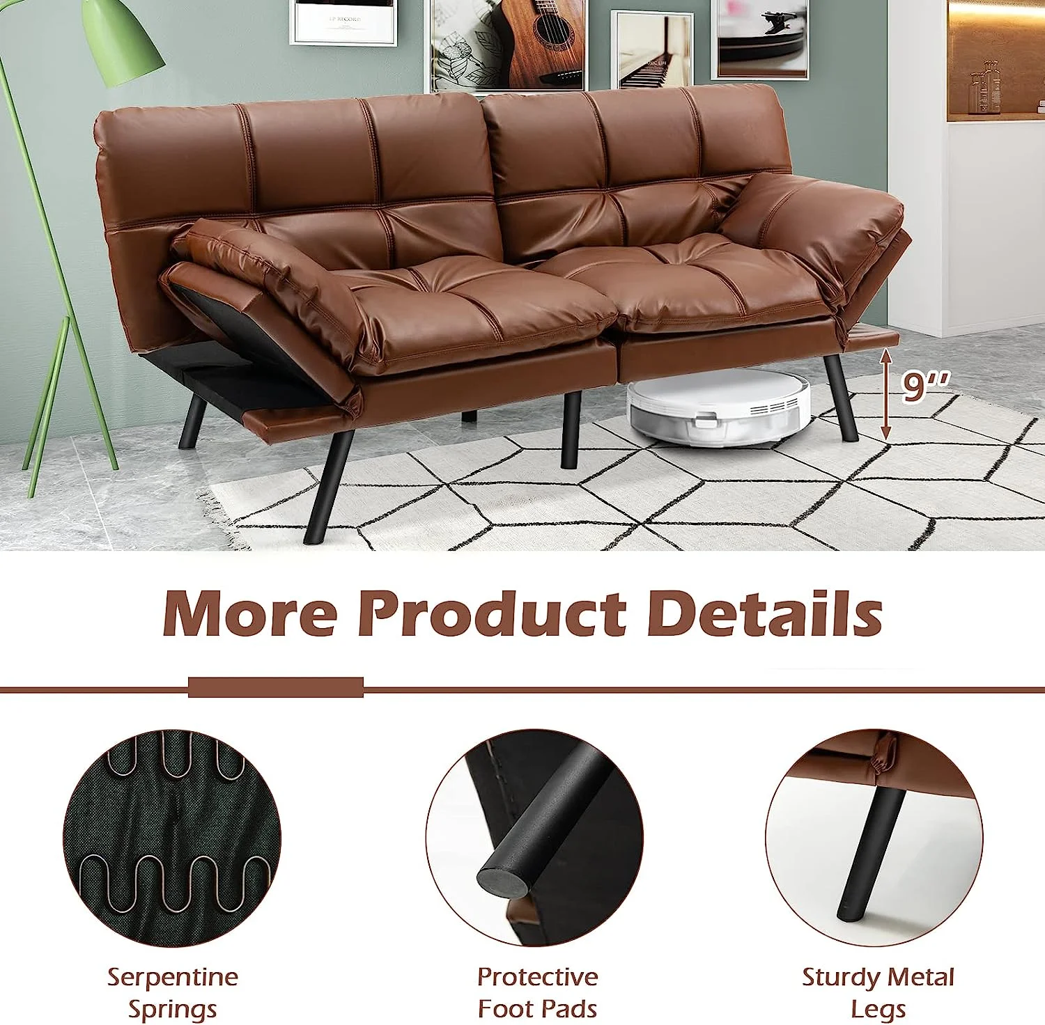 Futon Sofa Bed, Convertible Memory Foam Futon Couch Sleeper with Adjustable Backrest and Armrests, for Small Apartments Home Office, Brown