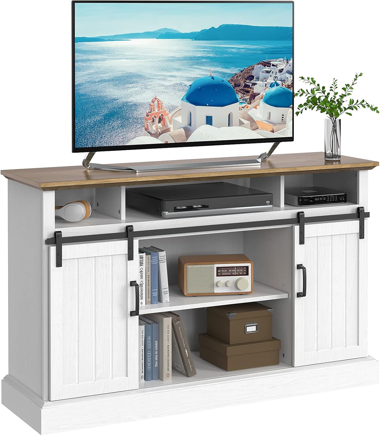 Furnimics Farmhouse TV Stand for TVs up to 65 Inch, Sliding Barn Door TV Stand for Living Room, Bedroom, White Entertainment Center TV Stand Cabinet with Adjustable Shelves&Cable Management, FMWTS01W