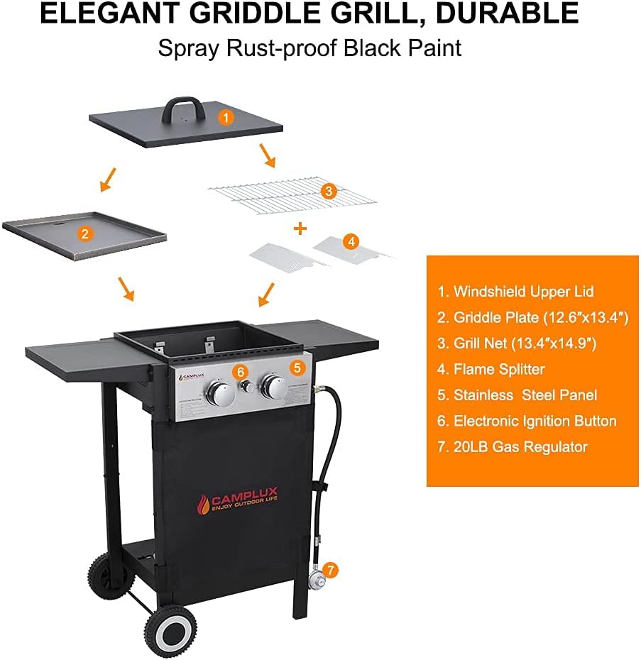 Flat Top Grill, Camplux Outdoor Gas griddle Combo 2 Burner with Lid,Black