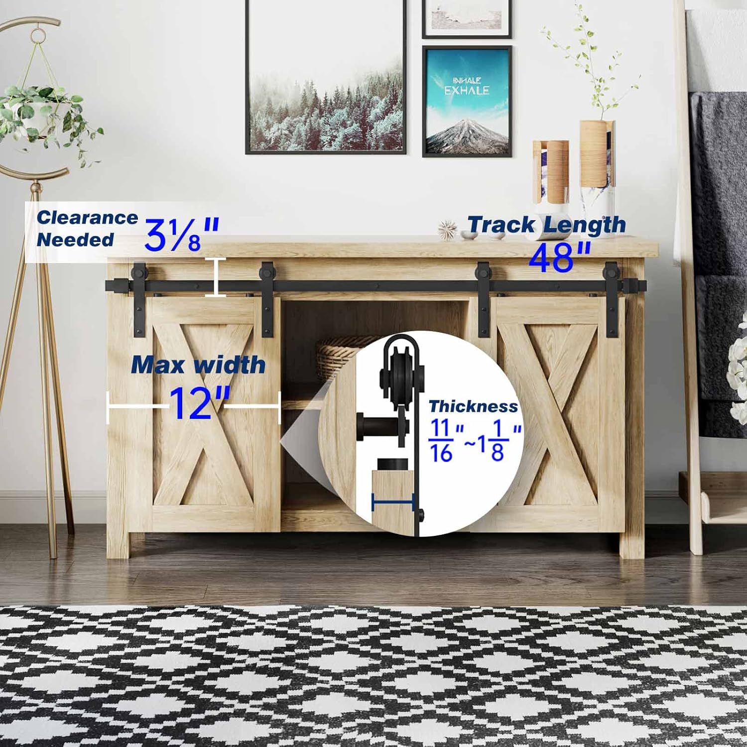 EaseLife 5 FT Cabinet Mini Sliding Double Barn Door Hardware Track Kit,Easy Install,Slide Smoothly Quietly,Apply for Storage Window TV Stand and Other Shielding (No Cabinet)