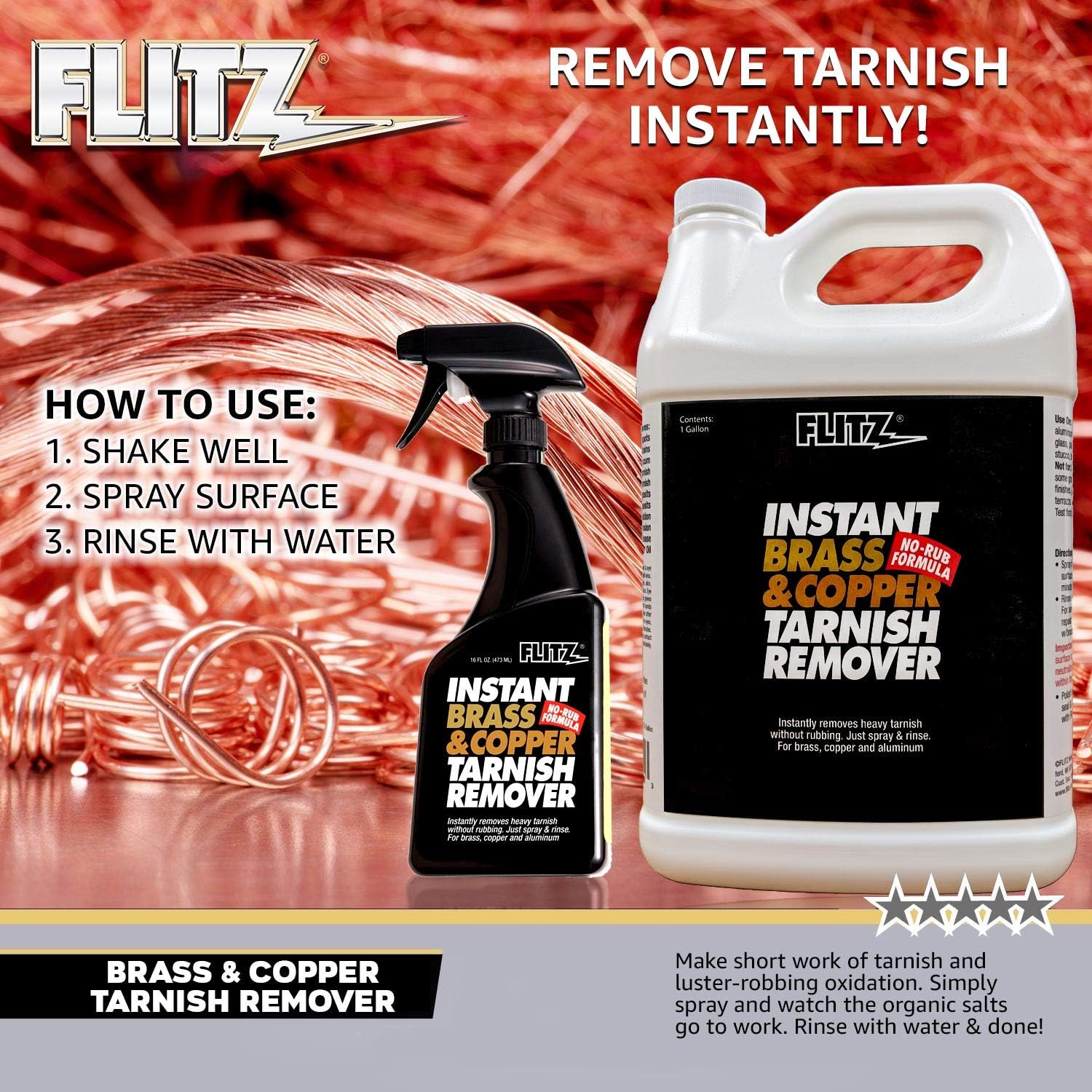 Flitz Brass and Copper Tarnish Remover, Powerful Organic Formula That Safely Removes Rust, Stains and Oxidation + Cleans Brick, Glass, Aluminum and More, Made in the USA, 16 oz Spray