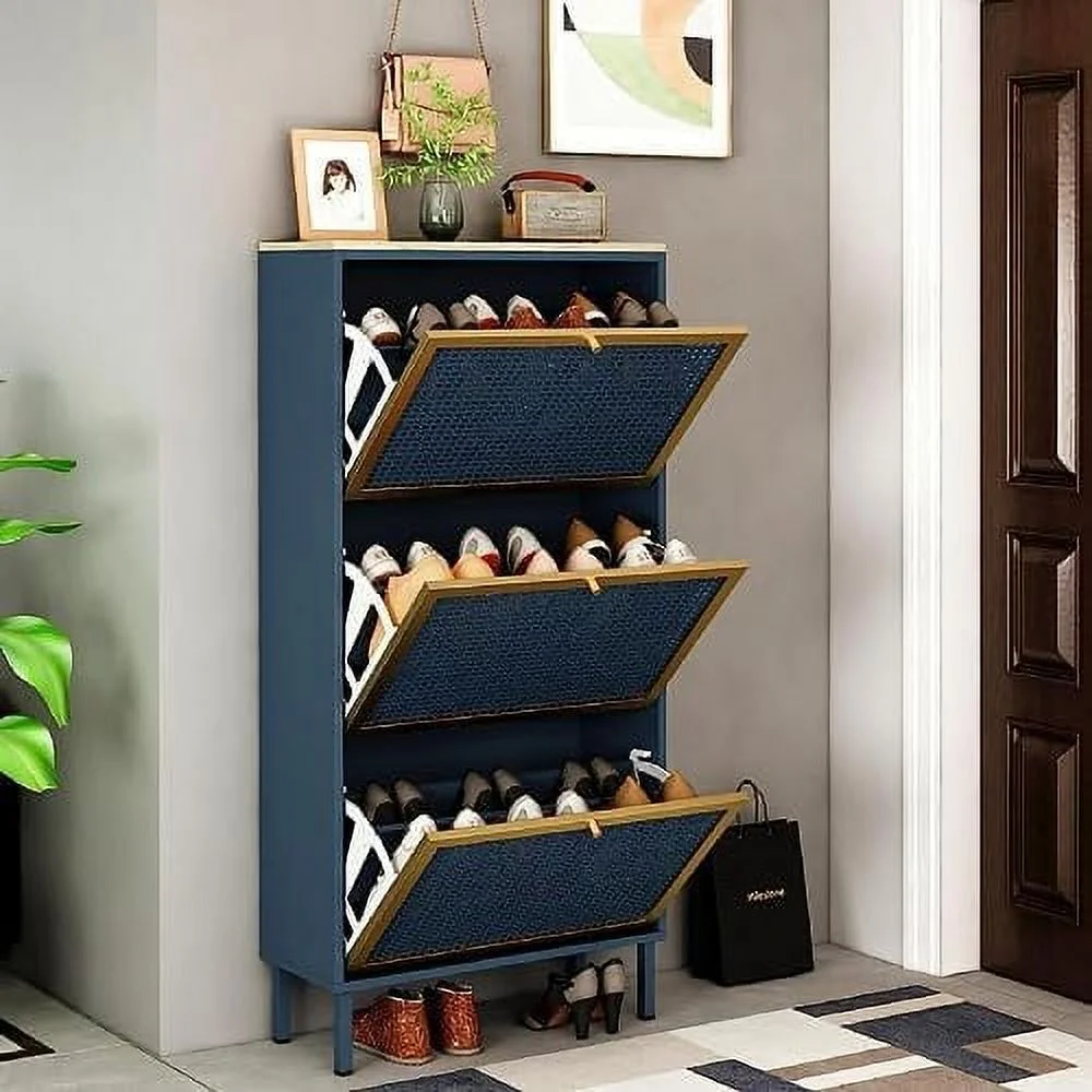 HOOMHIBIU Metal Shoe Cabinet with 3 Flip Drawers  Slim Shoe  Cabinet for Entryway  Narrow 3-Tier Shoe Rack Cabinet  Freestanding Hidden Shoe Organizer Cabinet for Hallway  Living Room (Bl