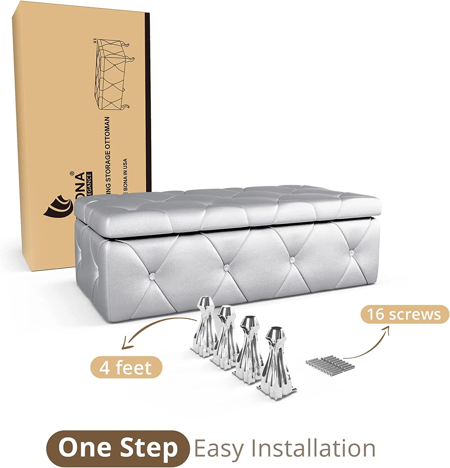 Storage Ottoman Bench, 38'' Upholstered Silver Faux Leather Ottoman with Crystal Tufted Button, Flip Top Foot Rest, End of Bed Bench Seat for Bedroom, Living Room, Vanity, 350LBS