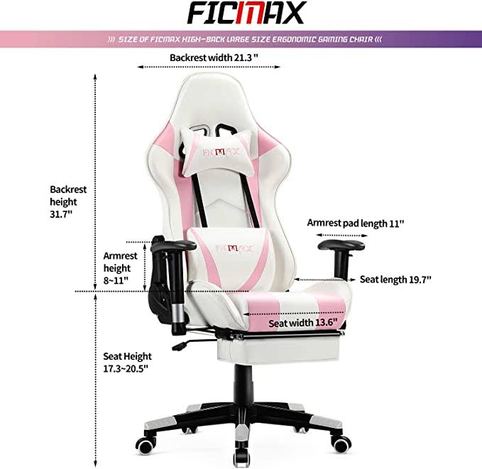 Ficmax Ergonomic Massage Gaming Chair with Footrest and Headrest (white/pink)