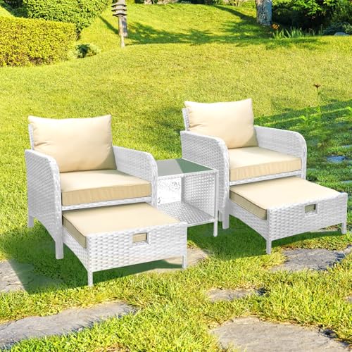 LEVELEVE Balcony Furniture 5 Piece Patio Conversation Set, PE Wicker Rattan Outdoor Lounge Chairs with Soft Cushions 2 Ottoman&Glass Table for Porch, Lawn-Brown Wicker