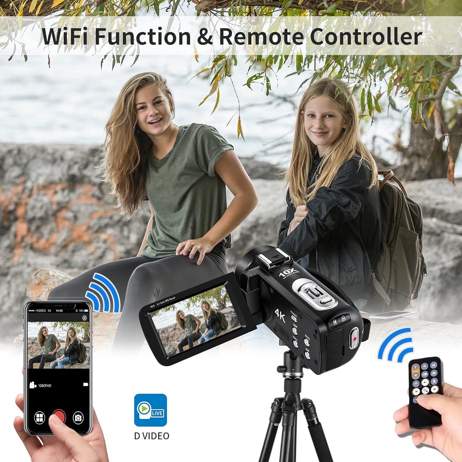 4K Camcorder 10X Optical Zoom Camera ORDRO Ultra HD WiFi Video Camera 120X Zoom Digital Camera 3.1" IPS Touch Screen, Vlog Camera w Microphone, Wide Lens, 2 Batteries, LED Light,Handle,64GB SD Card