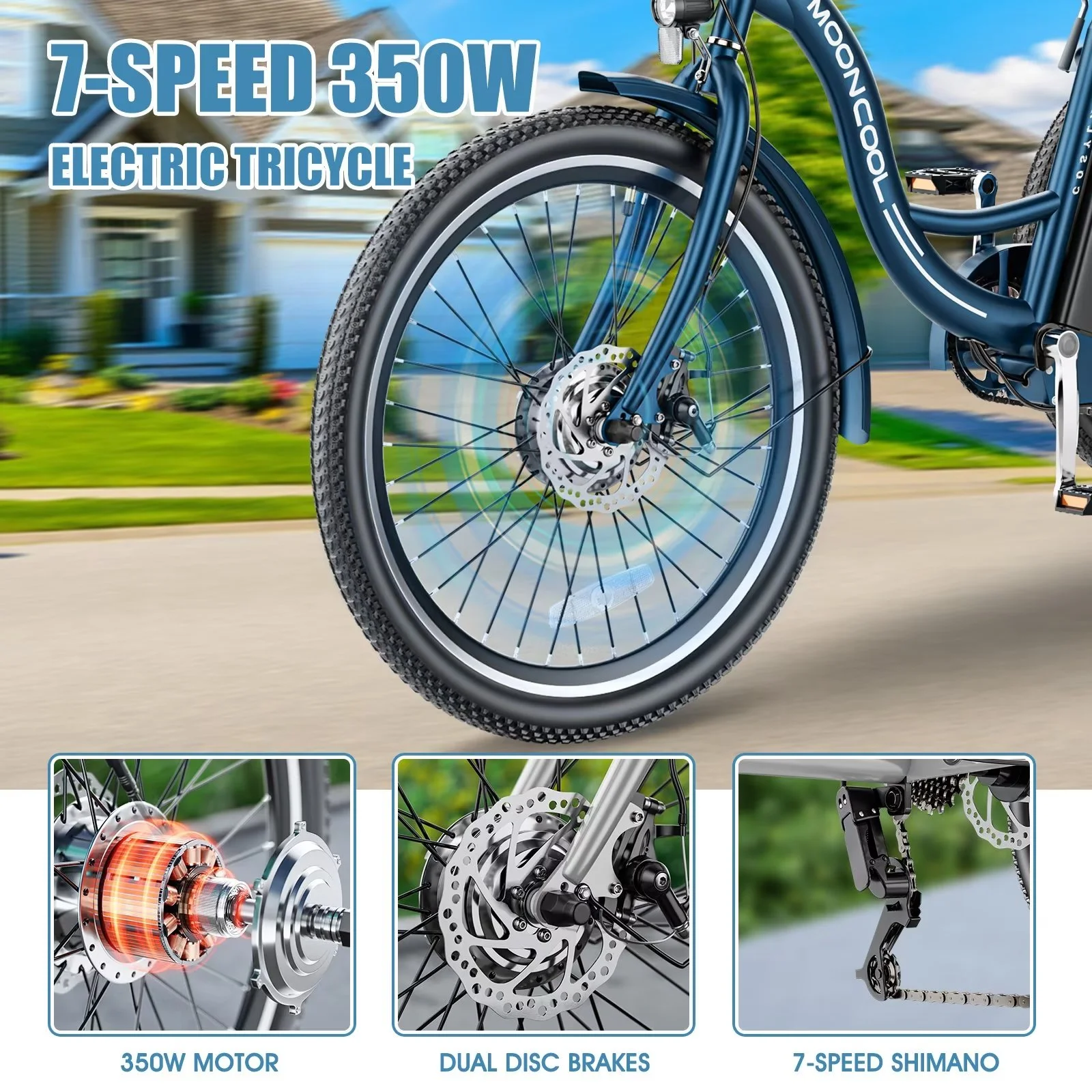 MOPHOTO 24" 350W 36V 7 Speeds Electric Tricycle for Adult, Electric Trike with Basket, 3 Wheel Electric Bikes with Led Headlight, Motorized Tricycle for Senior