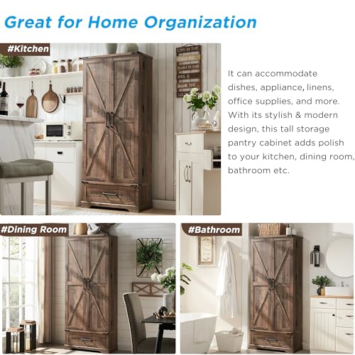 72" Farmhouse Kitchen Pantry Cabinet with Drawer, Tall Storage Cabinet with 2 Barn Doors and Shelves, Versatile Large Rustic Cupboard for Dining Room, Bathroom, Living Room, Laudry, White