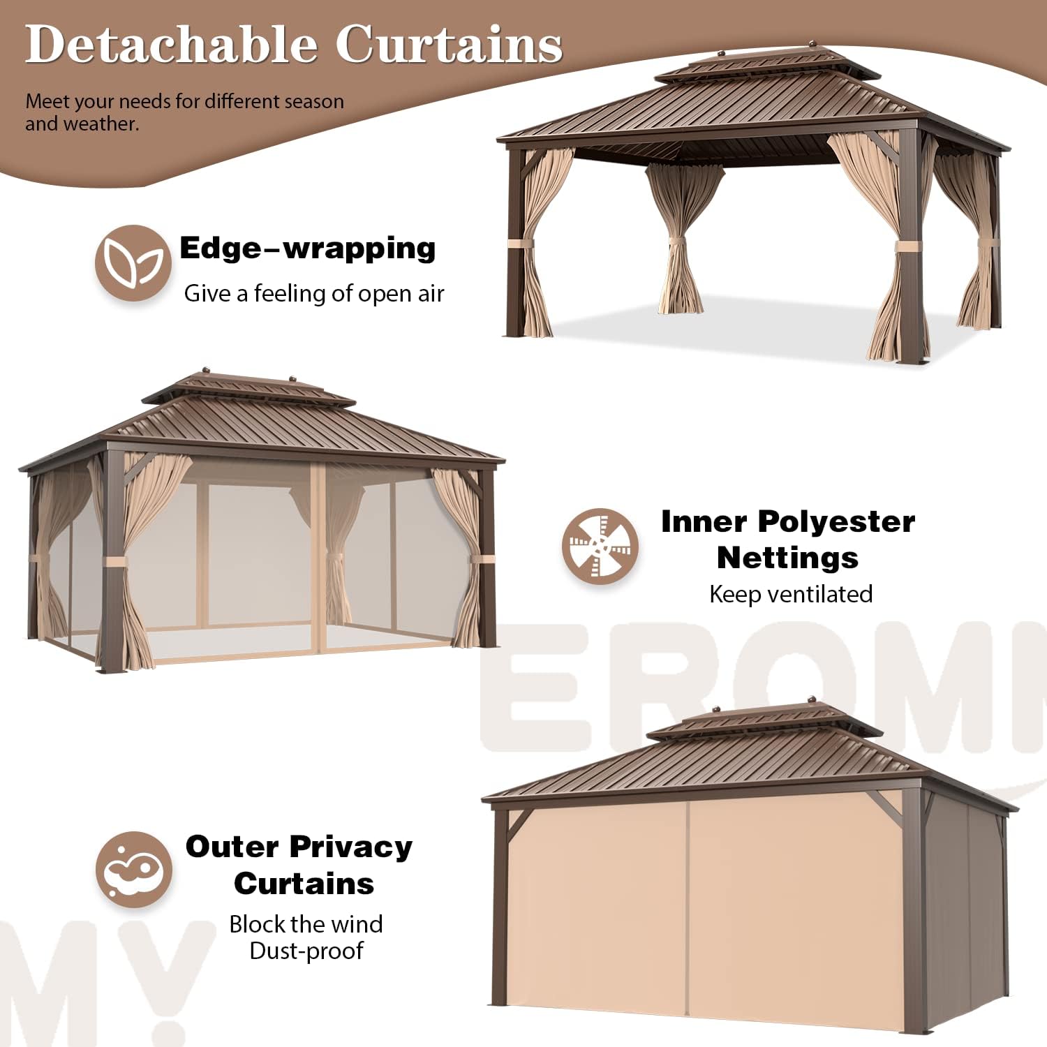EROMMY Hardtop Gazebo Galvanized Steel Outdoor Gazebo Canopy Double Vented Roof Pergolas Aluminum Frame with Netting and Curtains for Garden,Patio,Lawns,Parties (10'x 13')
