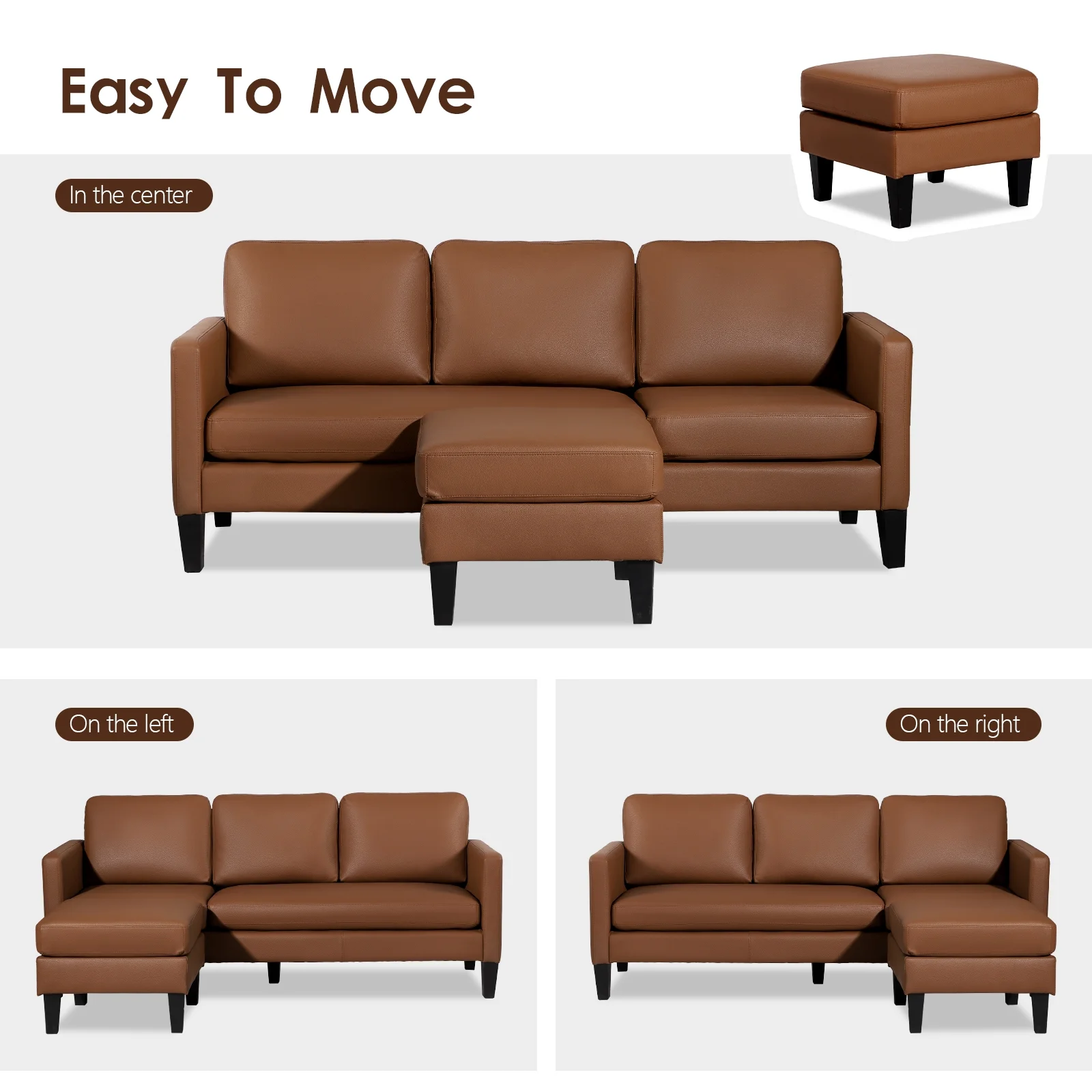 Haverchair Faux Leather Sectional Sofa, L Shaped Sofa with Reversible Chaise Convertible Sectional Couch 3-Seater Modern Small Couches for Small Space,Brown