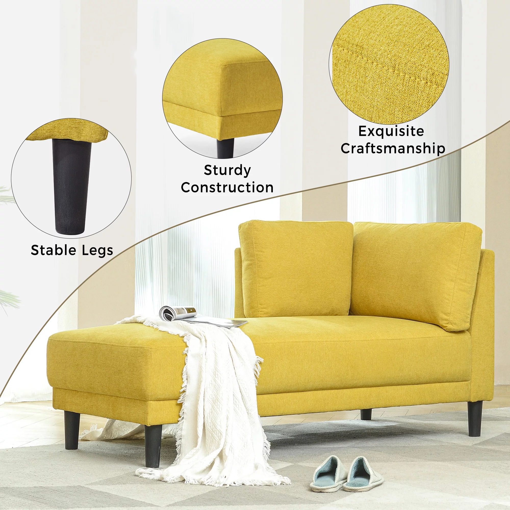 Yellow Chaise Lounge Chairs Indoor Furniture with Arms Couch for Living Room