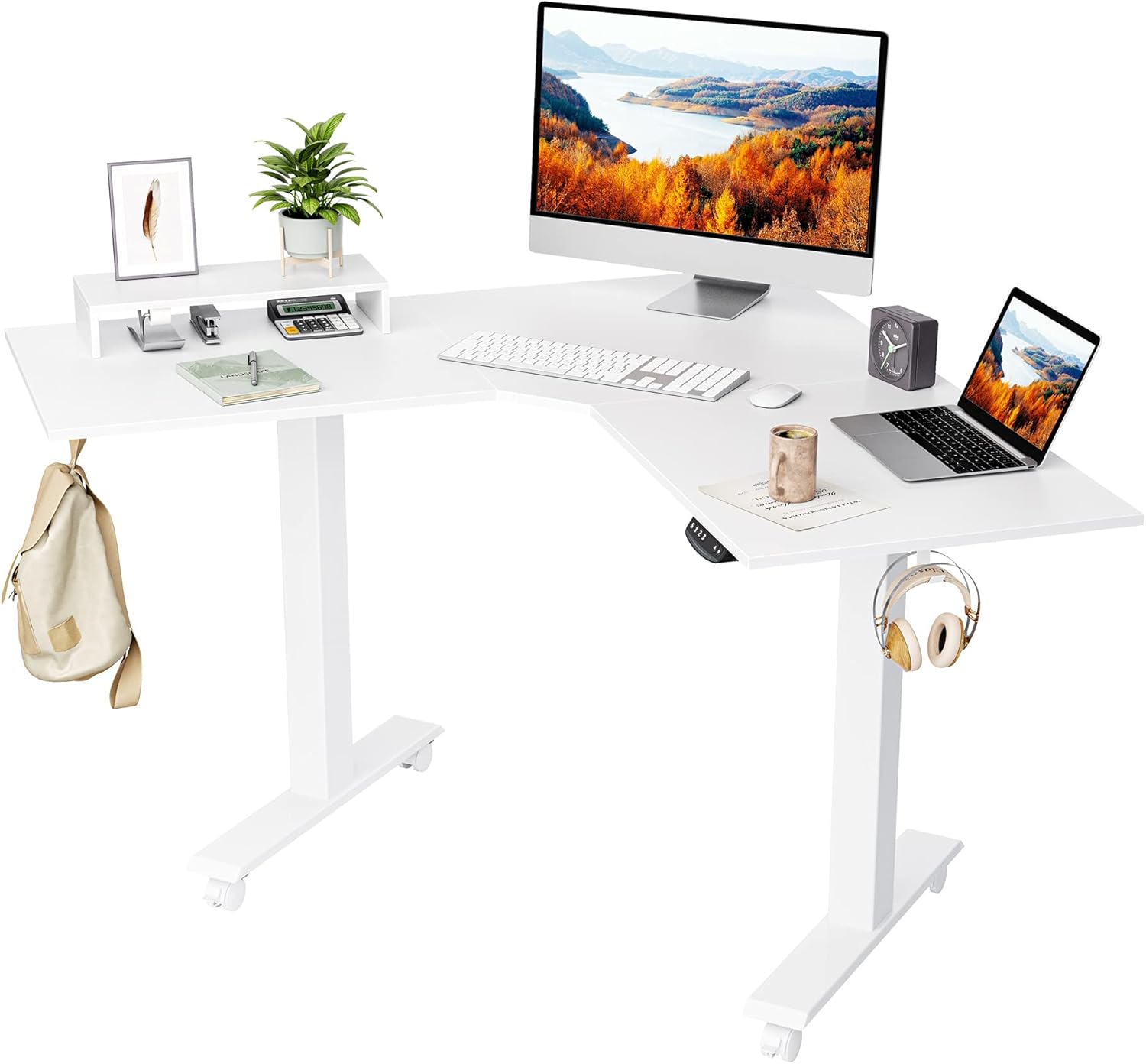 FEZIBO Dual Motor L Shaped Electric Standing Desk, 48 Inches Height Adjustable Corner Desk, Home Office Sit Stand Desk with Bamboo Top and Black Frame