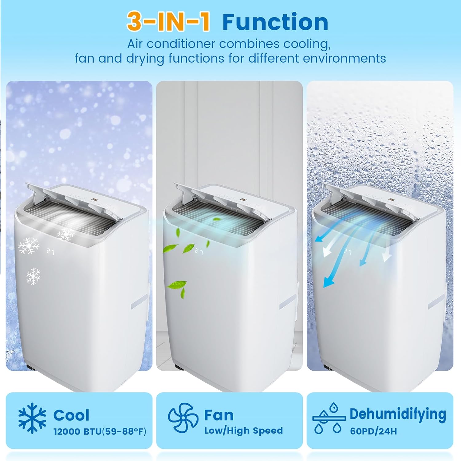 Acekool 12000 BTU Portable Air Conditioner, Portable AC for Room up to 550 Sq.Ft, 3-in-1 Functions/Digital Display/24 Hrs Timer/Caster Wheels with Remote Control for Home/Office/Dorms