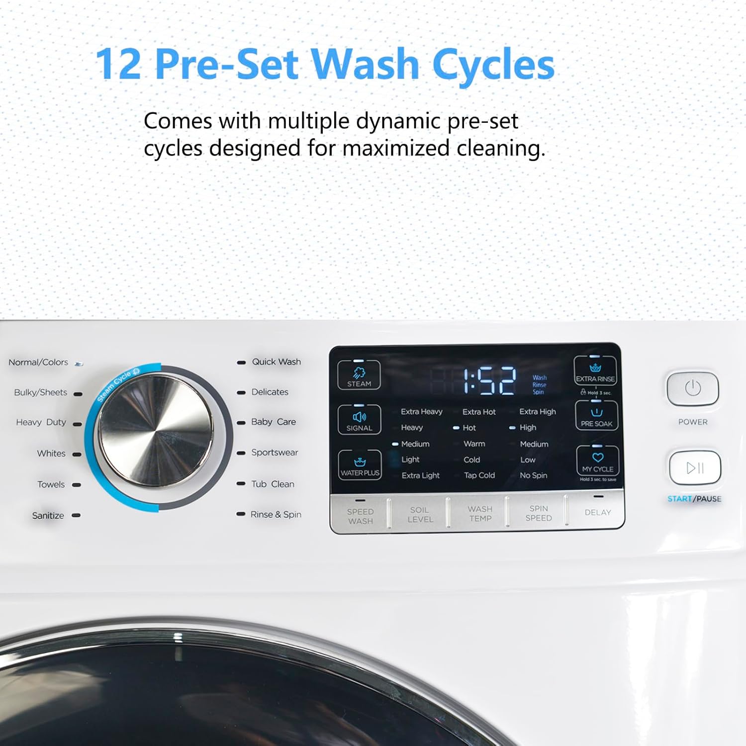 27" 4.5 Cu.Ft Front Loading Washing Machine, 18 Lbs Clothes Washer for Family, Water Plus, Quick Wash and Steam, 12 Washing Cycles, 120V, White