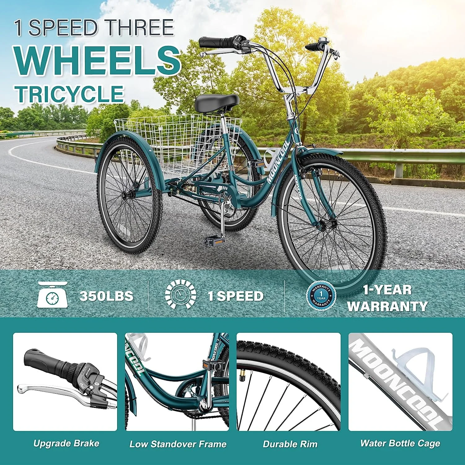 MOONCOOL Adult Tricycles, Single Speed Three Wheel Bike for Adults, 24 inches Adult Trikes for Men, Women, Seniors with Low Step Through