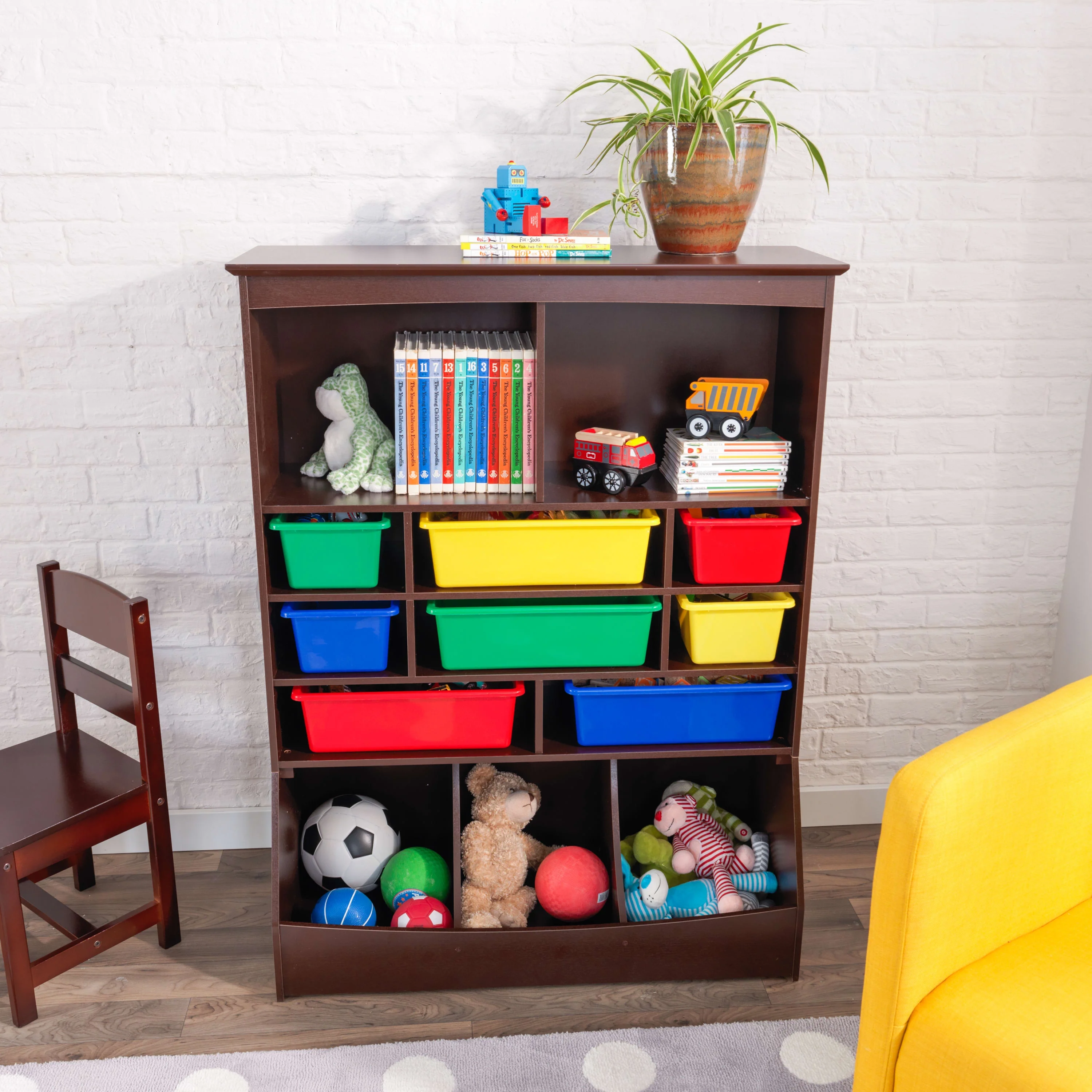 KidKraft Wood Wall Storage Unit Organizer with 8 Bins, Espresso