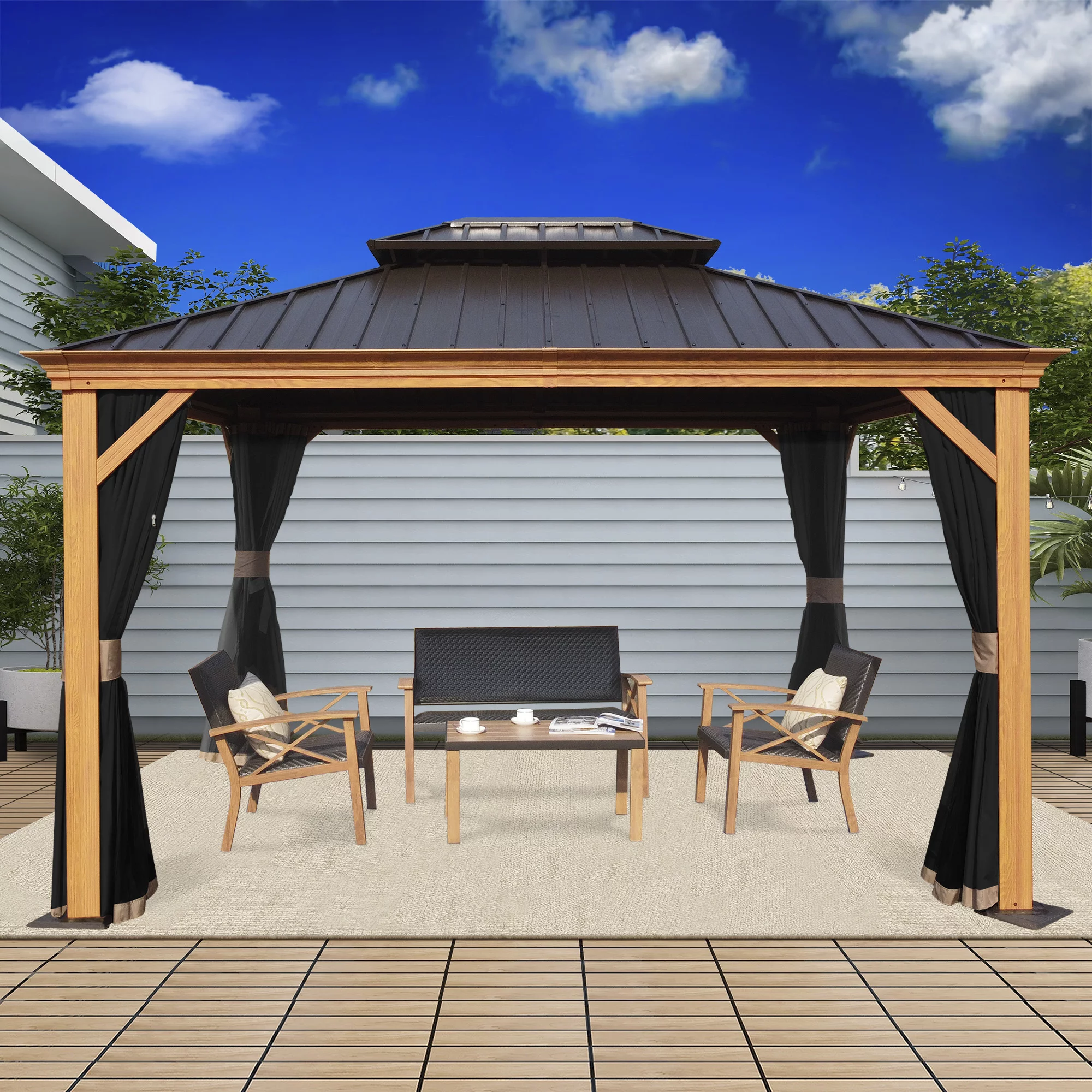 Kozyard Apollo  Hardtop 12 ft. W x 10 ft.D Wood-like  Hardtop Aluminum Gazebo ( Brown )