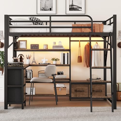 Full Size Loft Bed with Stairs and Storage, Metal Loft Bed Frame with Bedside Shelf and Large Under-Bed Space, Heavy-Duty Bed for Adults Teens and Kids, Black