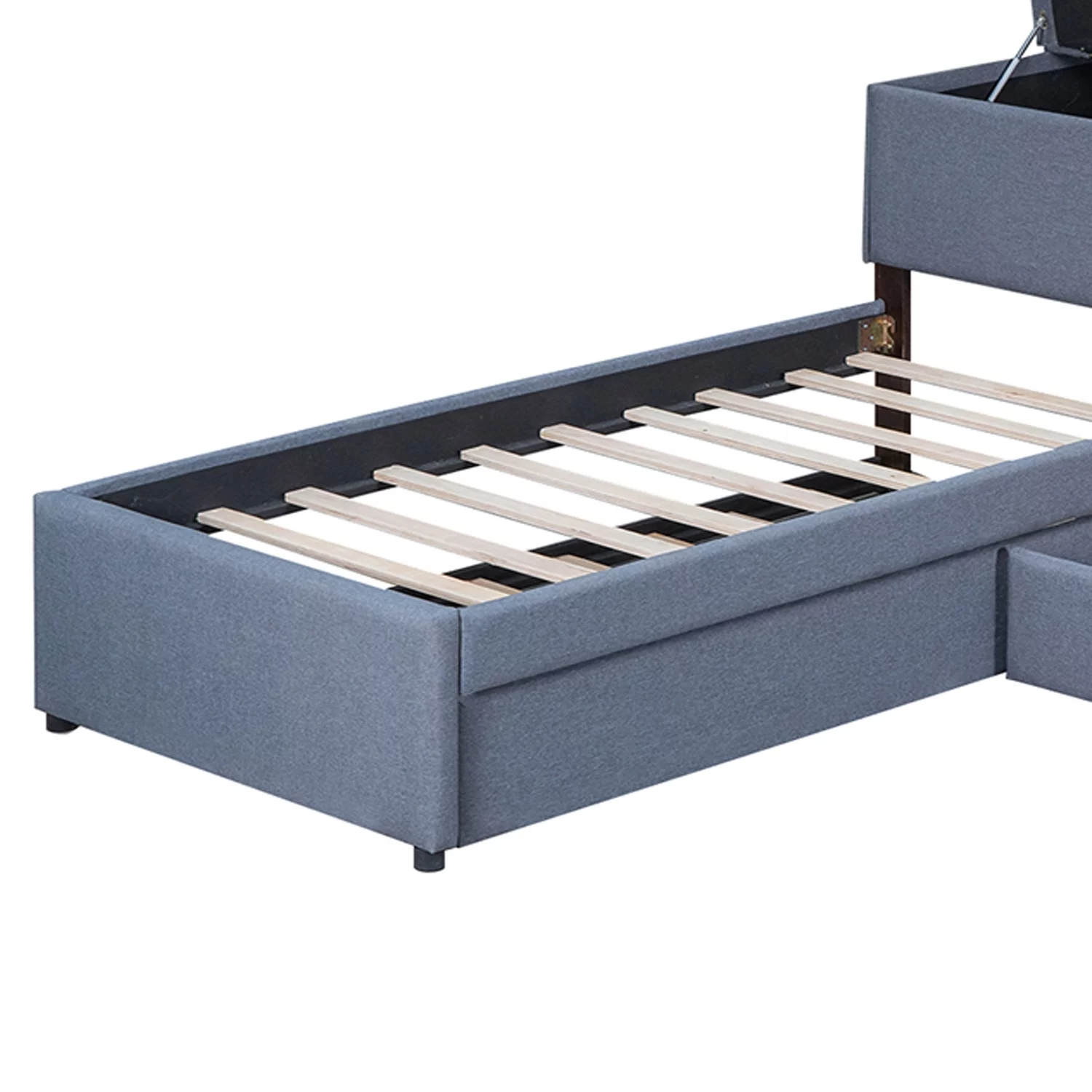 L Shaped Platform Bed with Rollers and Two Drawers Attached Built-in Desk, Double, Grey. Size, 119''L*119''W*37.2''H, suitable for various households
