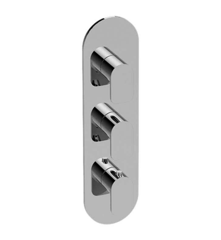 Graff M-Series 4x22 Three Hole Vertical Thermostatic Valve Round Trim Plate with Sento Handle in Satin Nickel, SKU: G-8056-LM42E