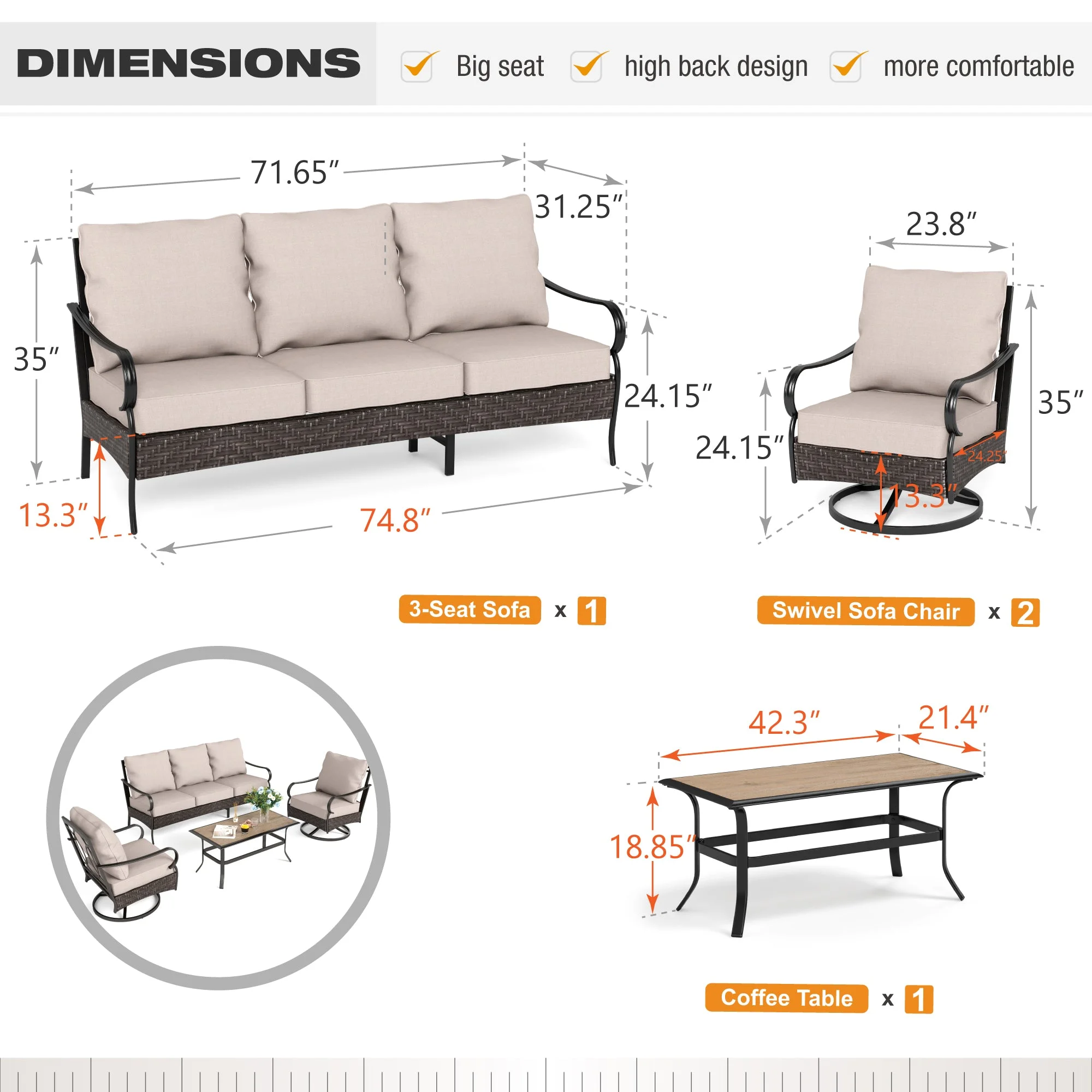 Alpha Joy 4 Piece Metal Patio Conversation Sofa Set 5-Seat Furniture Set with Swivel Chairs