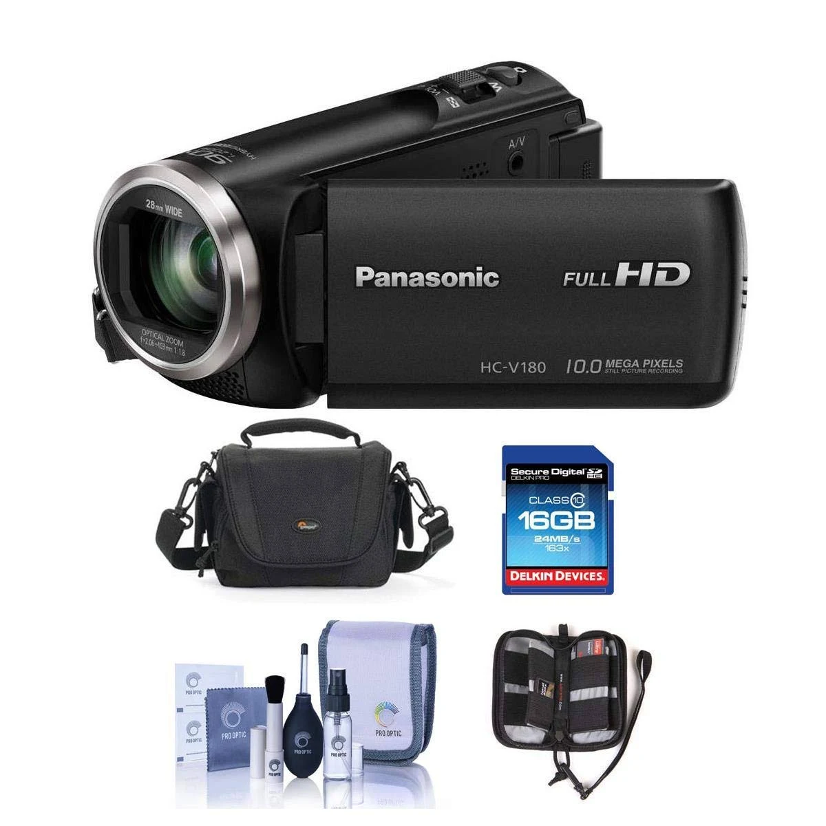 Panasonic Hc-v180k Full HD Camcorder with 50X Stabilized Optical Zoom - Bundle with Video Bag, 16GB SDHC Card, Cleaning Kit, Mem