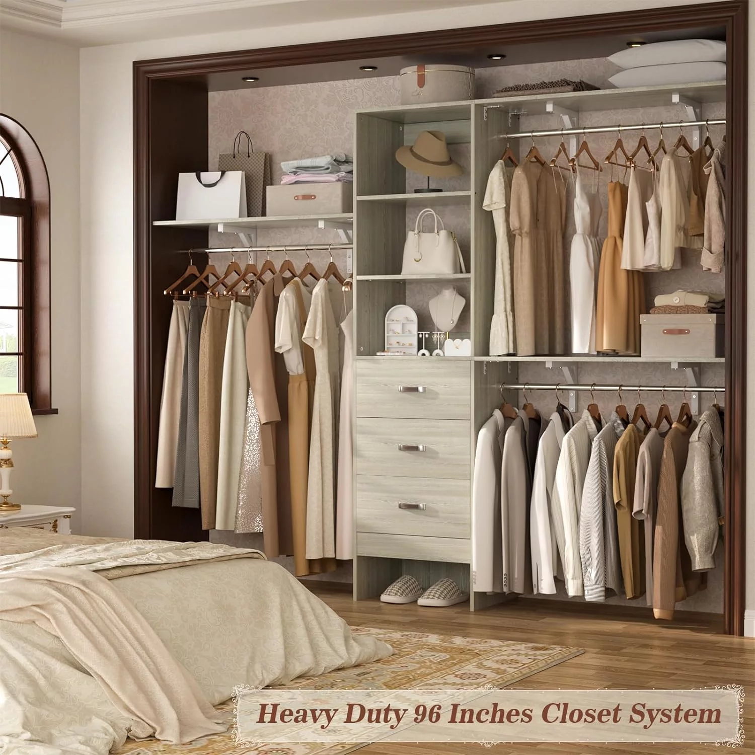 Homieasy 96 Inches Closet System, 8FT Walk In Closet Organizer with 3 Shelving Tower, Heavy Duty Clothes Rack with 3 Drawers, Built-In Garment Rack, 96" L x 16" W x 75" H, Max Load 1000 LBS, White Oak - Curated Treasures Market