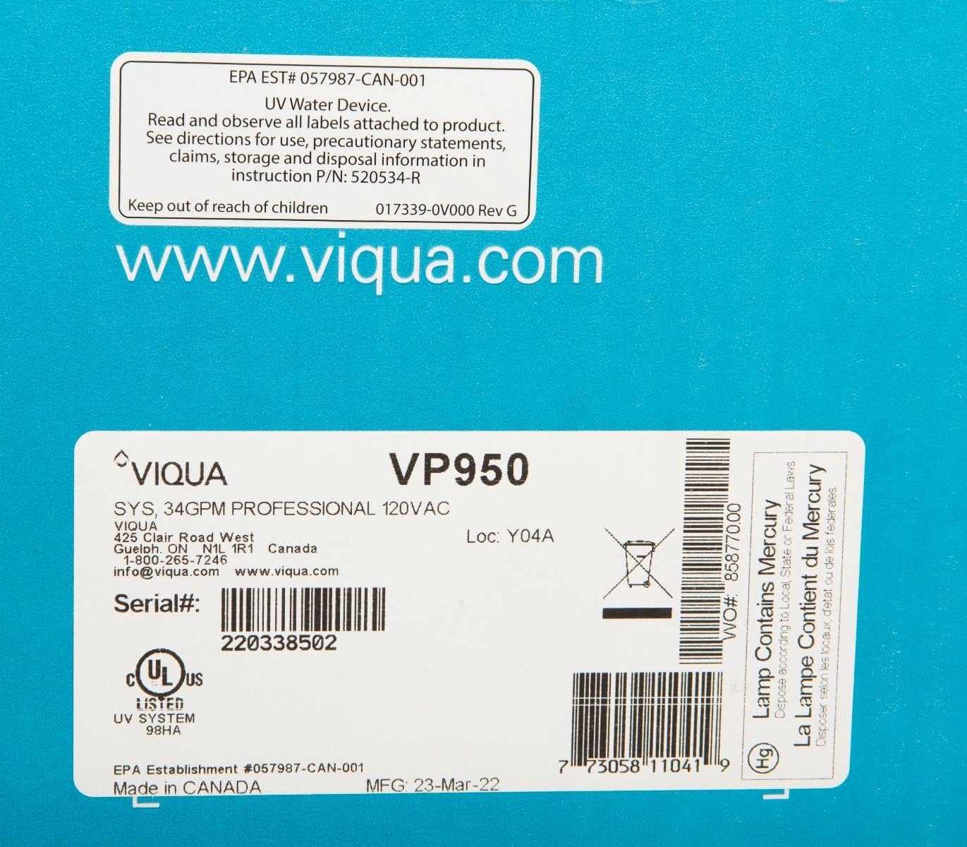 VIQUA VP950 Ultraviolet Water System 34 GPM