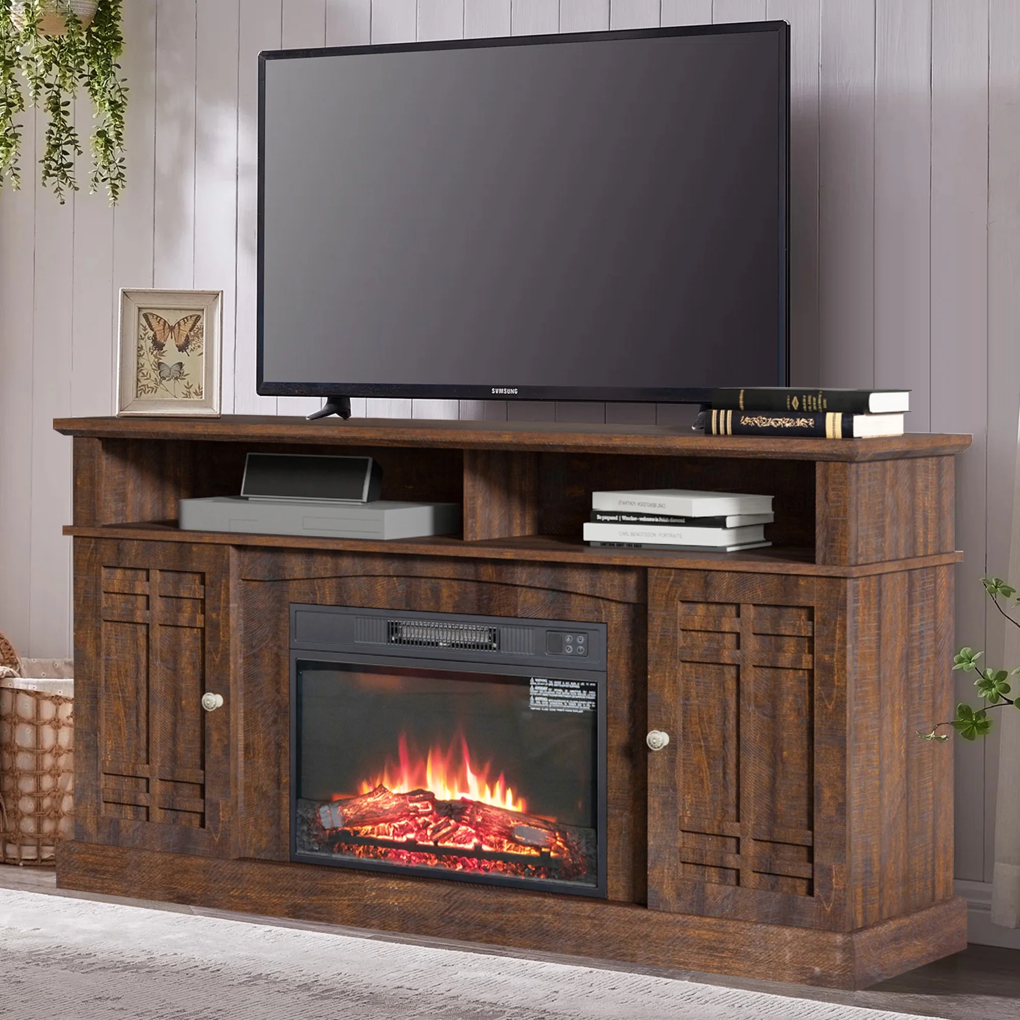 Aukfa Electric Fireplace TV Stand for TVs up to 60", Wood TV Console Cabinet, Brown