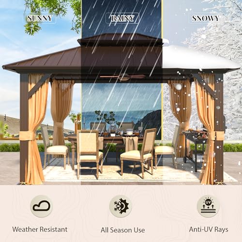 YOLENY 10' x 12' Hardtop Gazebo, Wood-Looking Gazebo with Galvanized Steel Double Roof, Aluminum Frame, Permanent Metal Pavilion with Netting and Curtains for Deck, Backyard, Patio and Lawns