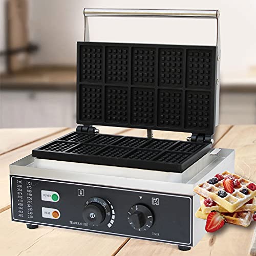 Commercial Belgian Waffle Maker Machine, Adjustable Temperature & Time Control, Stainless Steel Square Pancake Baking Nonstick Plates