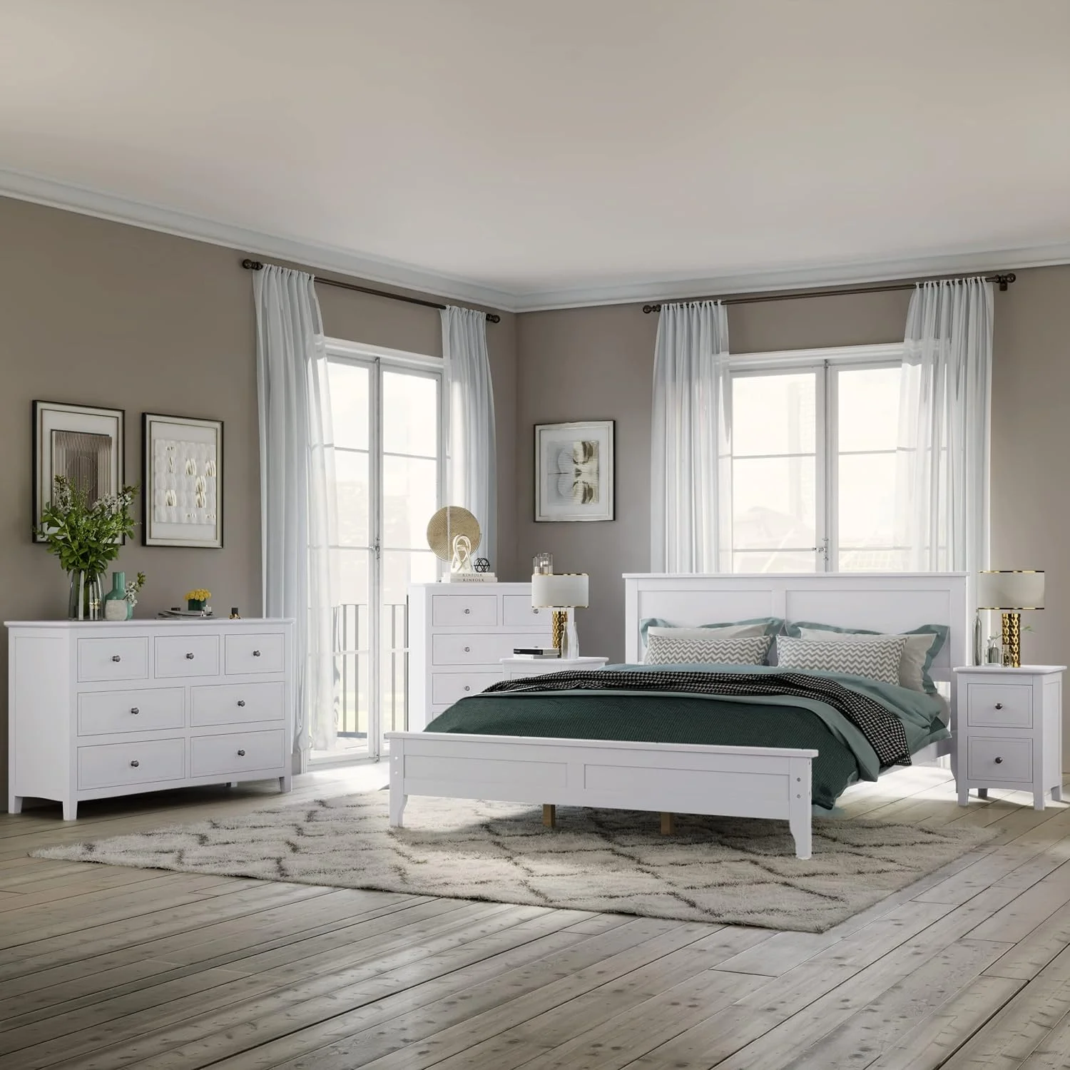 Bedroom Sets, 5 Pieces Bedroom Sets With Queen Size Bed, 2 Nightstand End Table, Dresser And Chest, Wood Bedroom Furniture Set (White_Queen, 5 Piece)