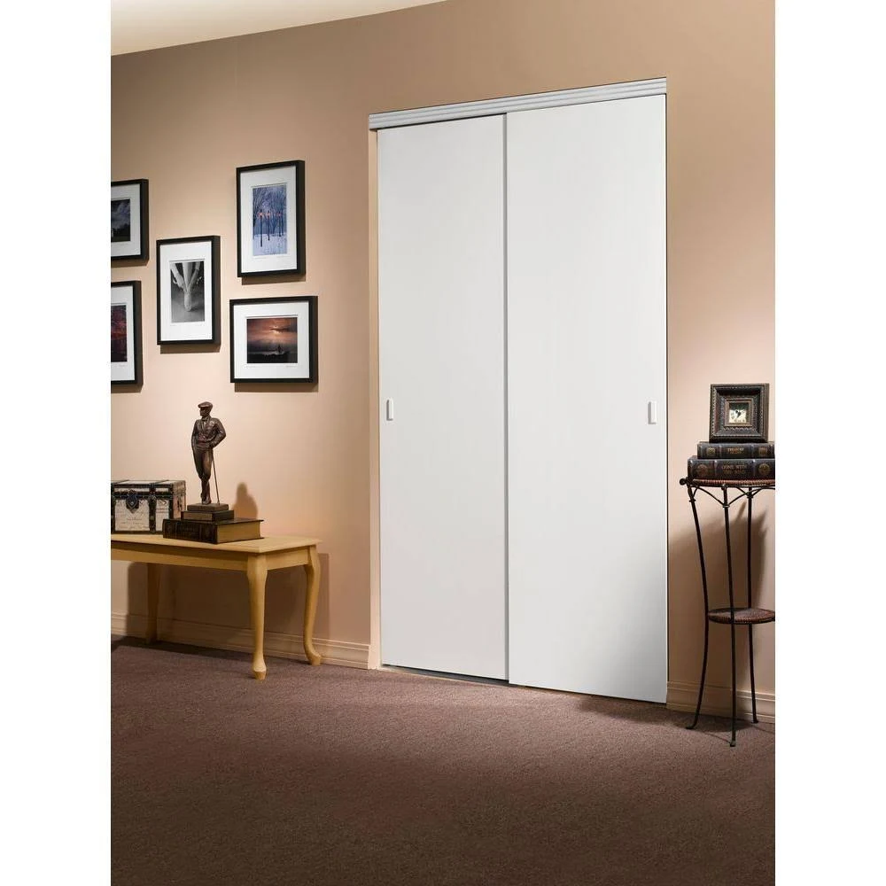 Impact Plus 84 in. x 80 in. Smooth Flush White Solid Core MDF Interior Closet Sliding Door with Chrome Trim