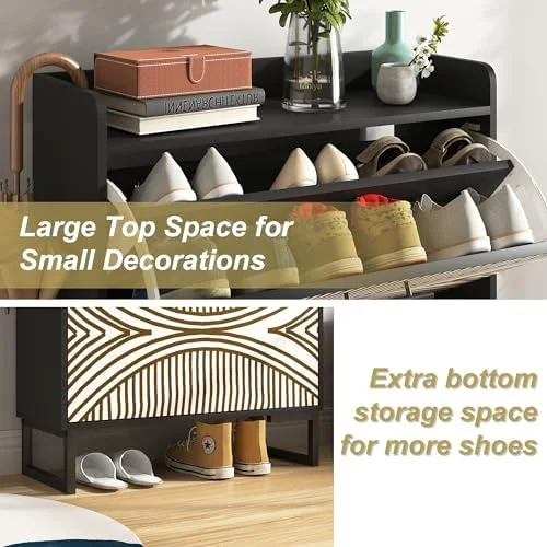 RUNFAYBIU Shoe Cabinet for Entryway Slim Shoe  Cabinet with Color Painted Pattern Shoe Rack Cabinet with 3 Flip Drawers  White Shoe Cabinet for Entryway (Walnut)