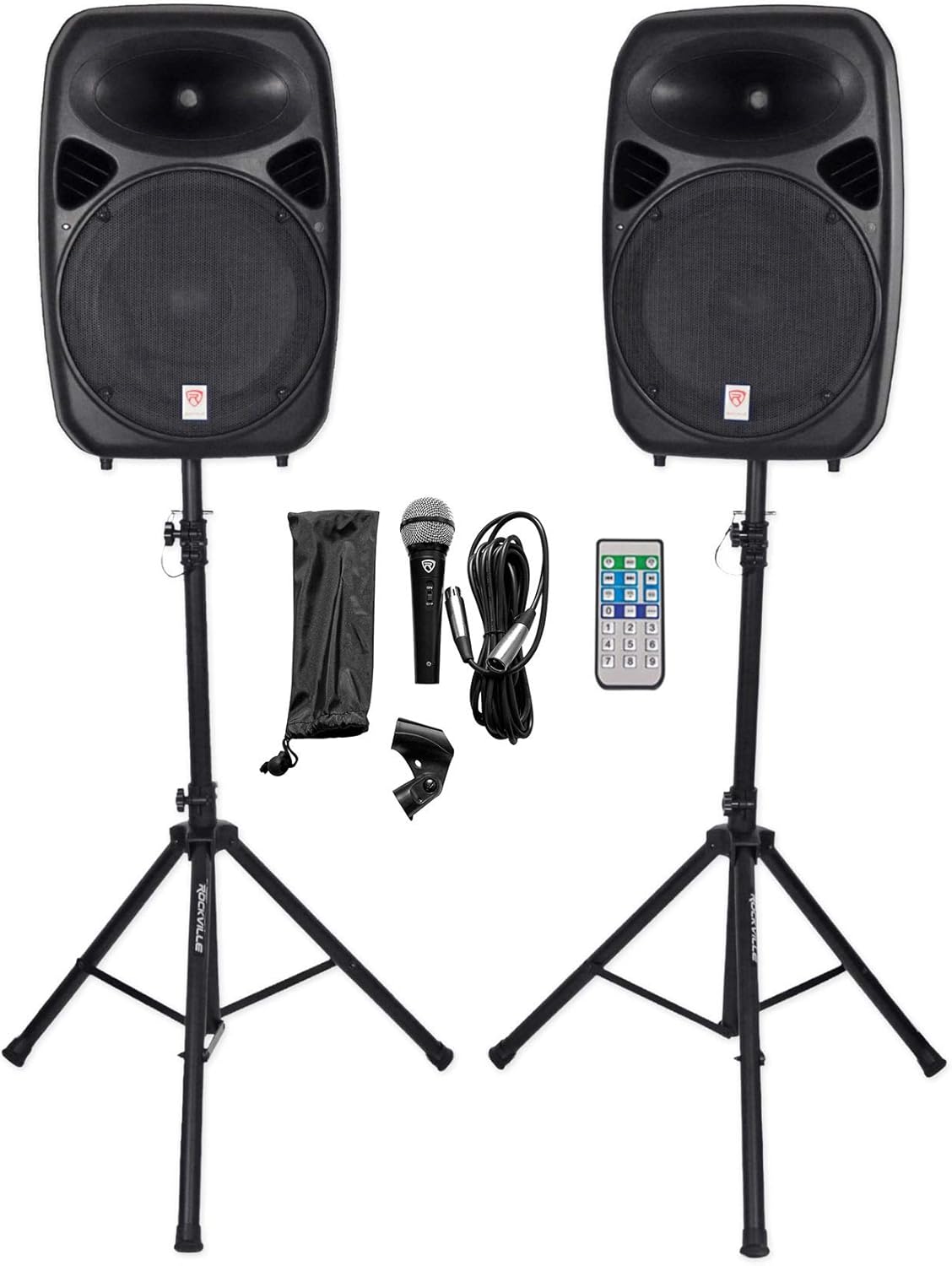 Rockville RPG152K Dual 15" Powered Speakers, Bluetooth+Mic+Speaker Stands+Cables