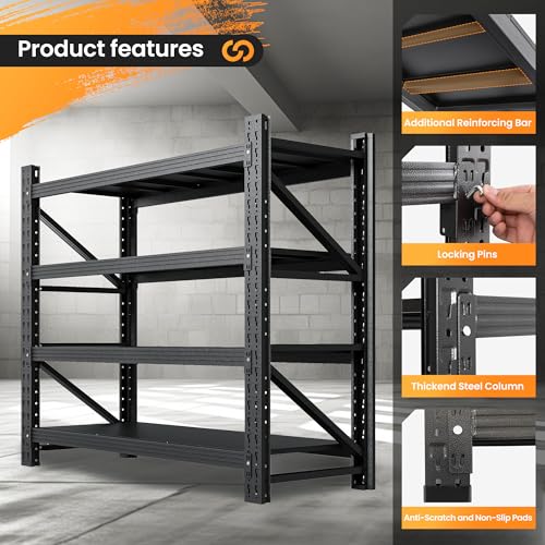 71” W Storage Shelves Heavy Duty, 5000LBS Metal Garage Shelving Units, 4 Tier Storage rack shelf, Steel Industrial Shelving , Adjustable Standing Shelf for Basement/Warehouse 71"W x 24"D x 70"H, Black