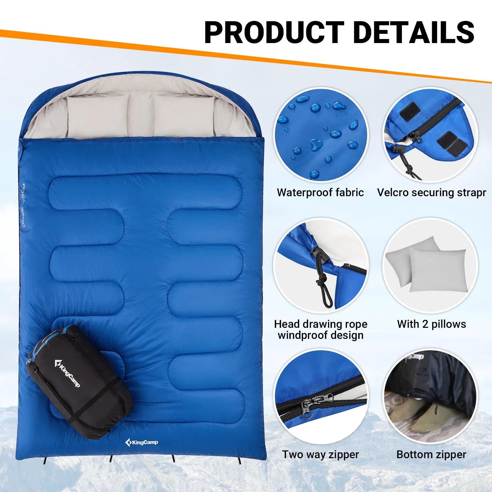 KingCamp Double Sleeping Bag with 2 Pillows for Adult 2 Person 3 Season Camping Sleeping Bag (Blue,6.8℉-41℉)