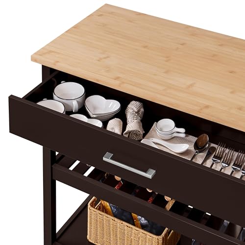 Topeakmart Kitchen Island Cart on Wheels, Rolling Microwave Cart with Storage Drawer Towel Rack Lower Shelf Natural Wood Countertop Stand