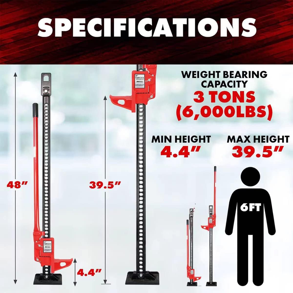 YIYITOOLS Heavy Duty Farm Jack 48 inch, Portable Car Lift Jack Stand 3 Tons Capacity, Off Road High Lift Jack with Wide Base, Cast and Steel, Ratcheting Jack for Tractors Trucks SUVs Cars