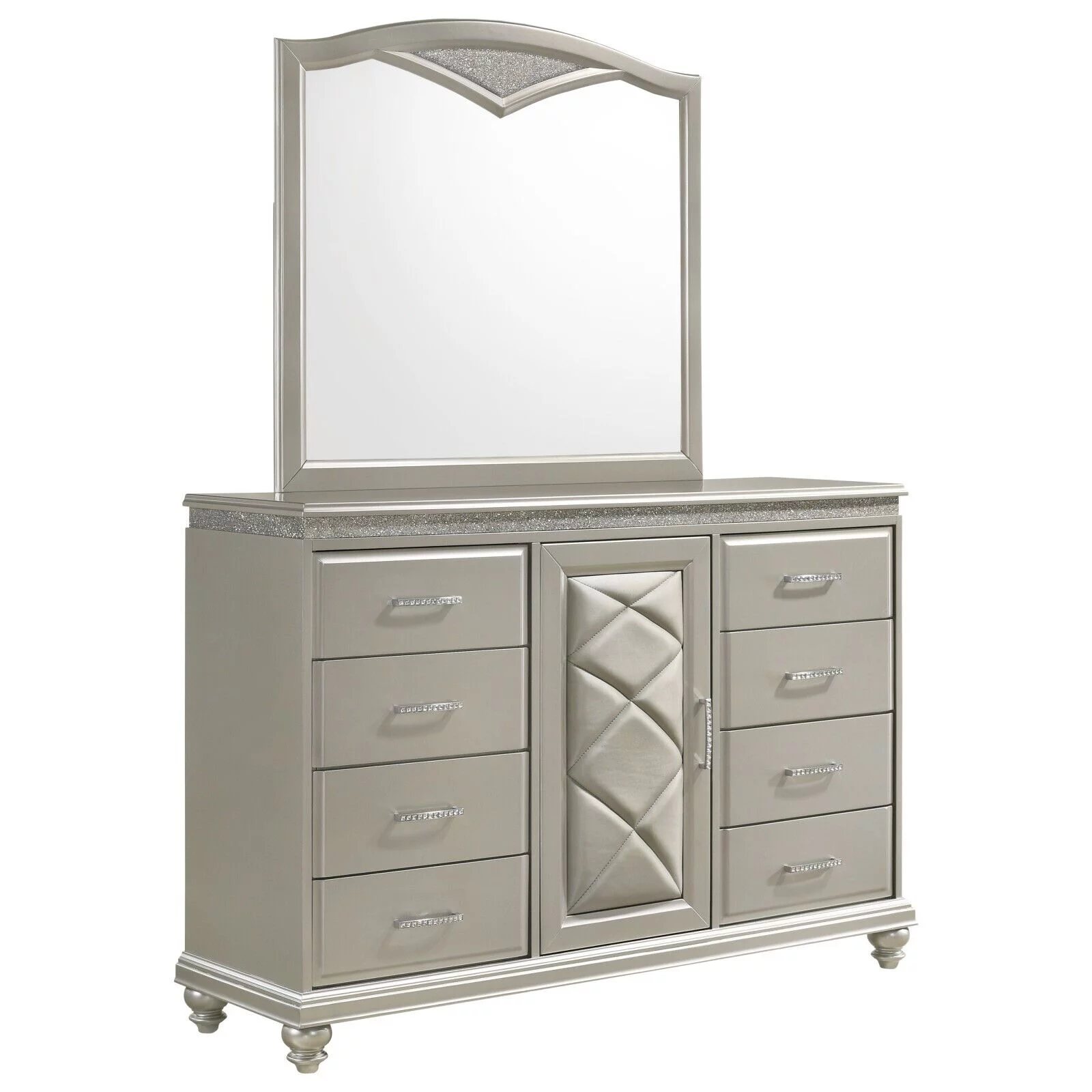 6pc Traditional Style King Panel Bed Dresser Mirror Nightstand Chest Wooden Bedroom Furniture Set Metallic Silver Finish