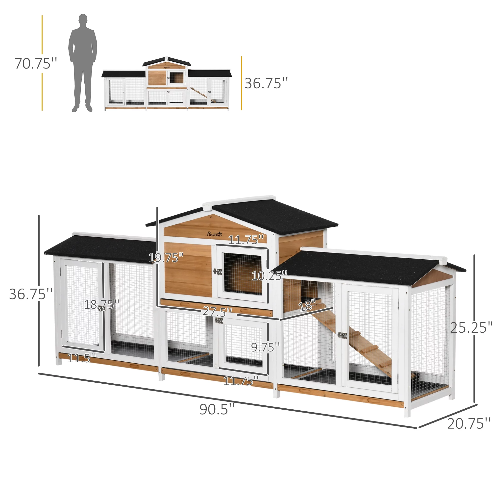 PawHut 90.5" Wooden Rabbit Hutch Bunny Cage Pet Playpen House Enclosure with Double Side Run Boxes, No Leak Tray, Ramp, for Guinea Pig and Small Animals, White - Curated Treasures Market